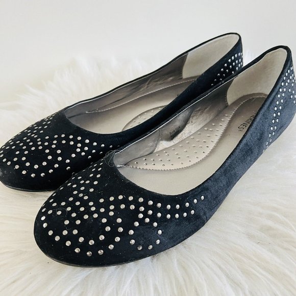 Catherines Shoes - Catherines Black Velvet & Silver Studded Comfort Flats ~ Size 10W